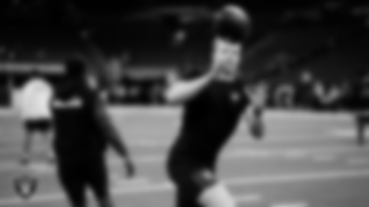 Las Vegas Raiders linebacker Tommy Eichenberg (44) warming up before the regular season away game against the Indianapolis Colts at Lucas Oil Stadium.