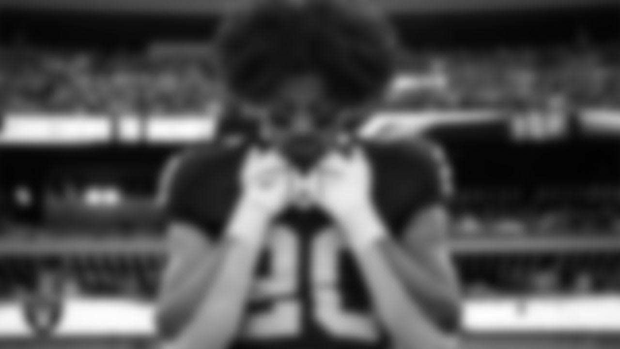 Las Vegas Raiders safety Isaiah Pola-Mao (20) during the national anthem before the regular season home game against the New York Giants at Allegiant Stadium.