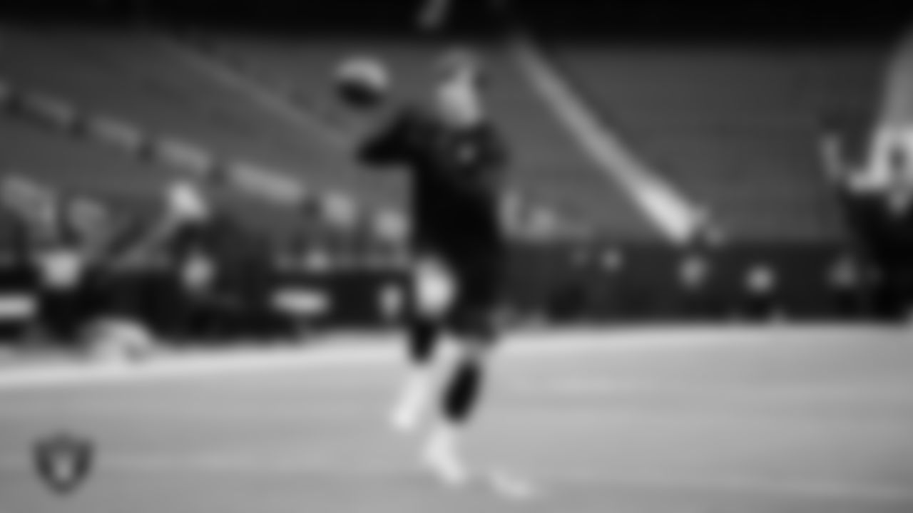 Las Vegas Raiders safety Hudson Clark (38) warming up before the preseason home game against the San Francisco 49ers at Allegiant Stadium.