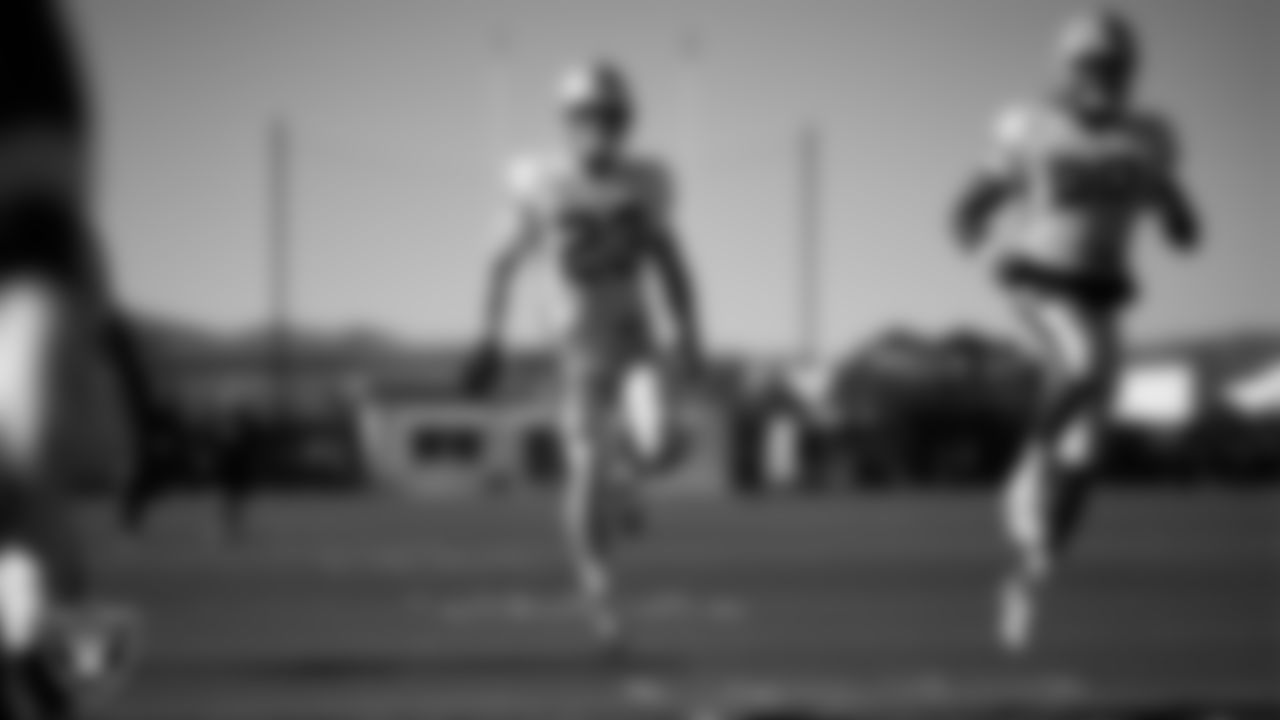 Las Vegas Raiders running back Dylan Laube (23) and tight end Ian Thomas (80) on the field for practice at 2025 Training Camp at Intermountain Health Performance Center.