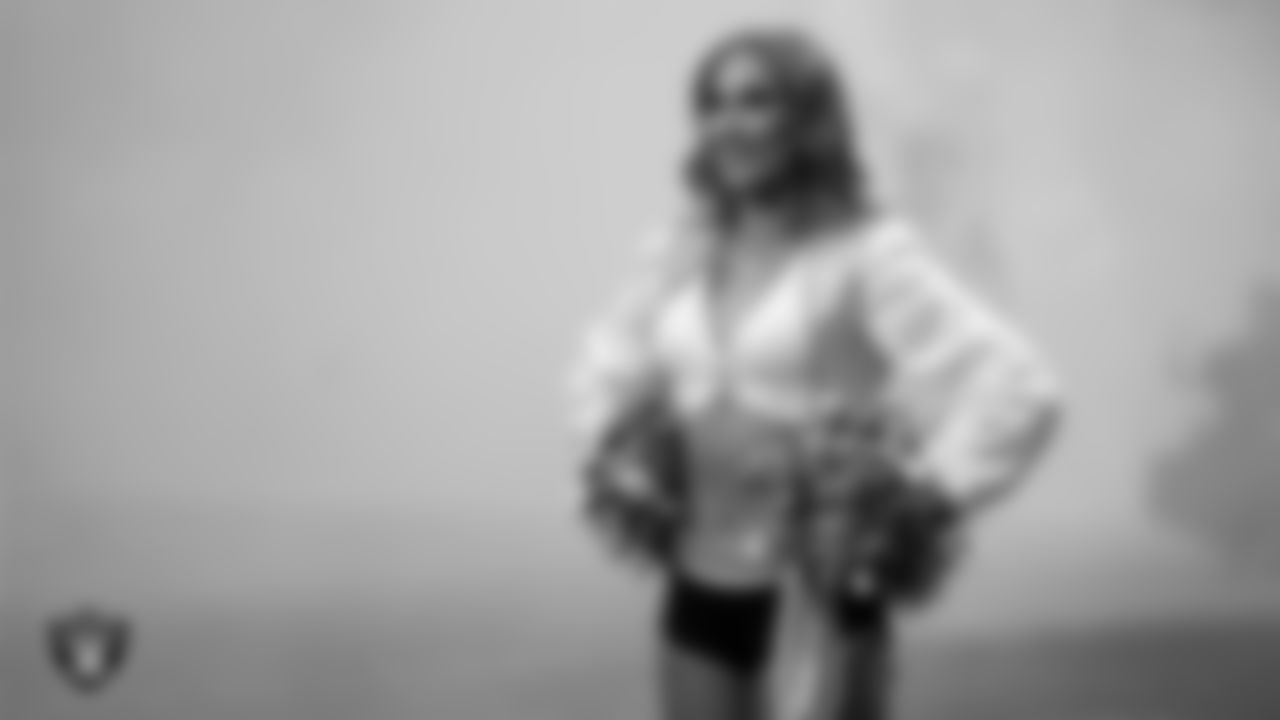 Raiderette Madisyn during player introductions before the regular season home game against the Cleveland Browns at Allegiant Stadium.