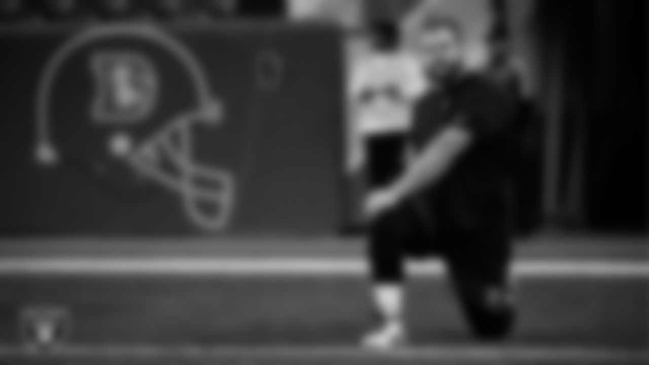 Las Vegas Raiders center/guard Jordan Meredith (61) warming up before the regular season away game against the Denver Broncos at Empower Field at Mile High.