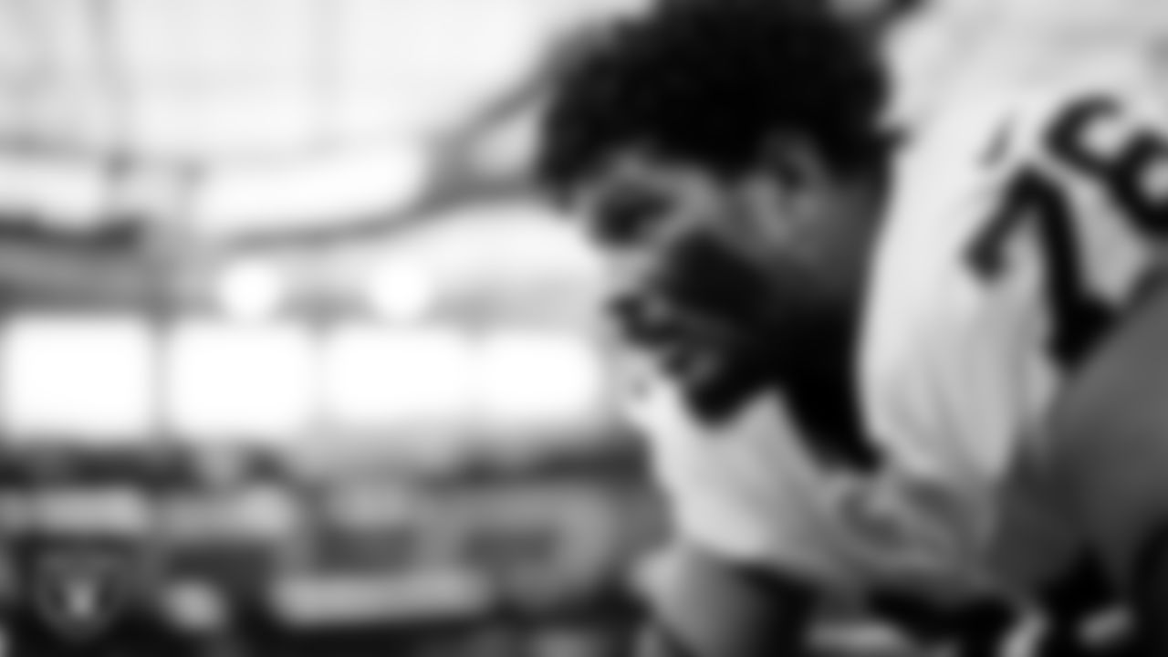 Las Vegas Raiders guard Caleb Rogers (76) warming up before the regular season away game against the Los Angeles Chargers at SoFi Stadium.