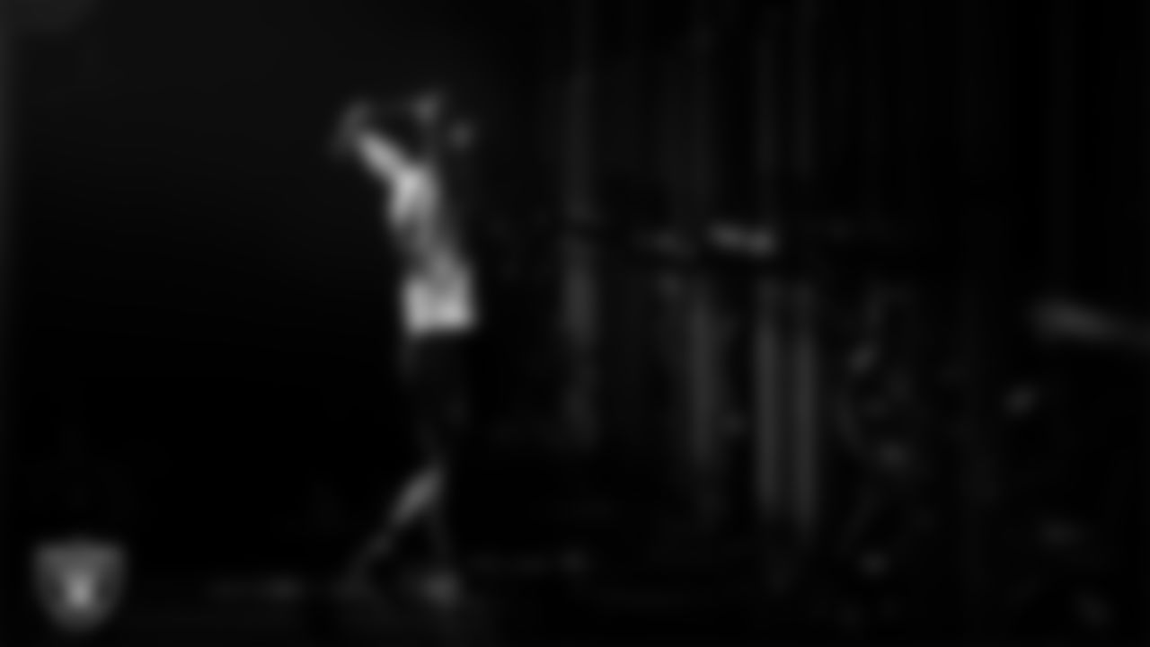 Las Vegas Raiders defensive end Jahfari Harvey (91) in the weight room during practice at Intermountain Health Performance Center.