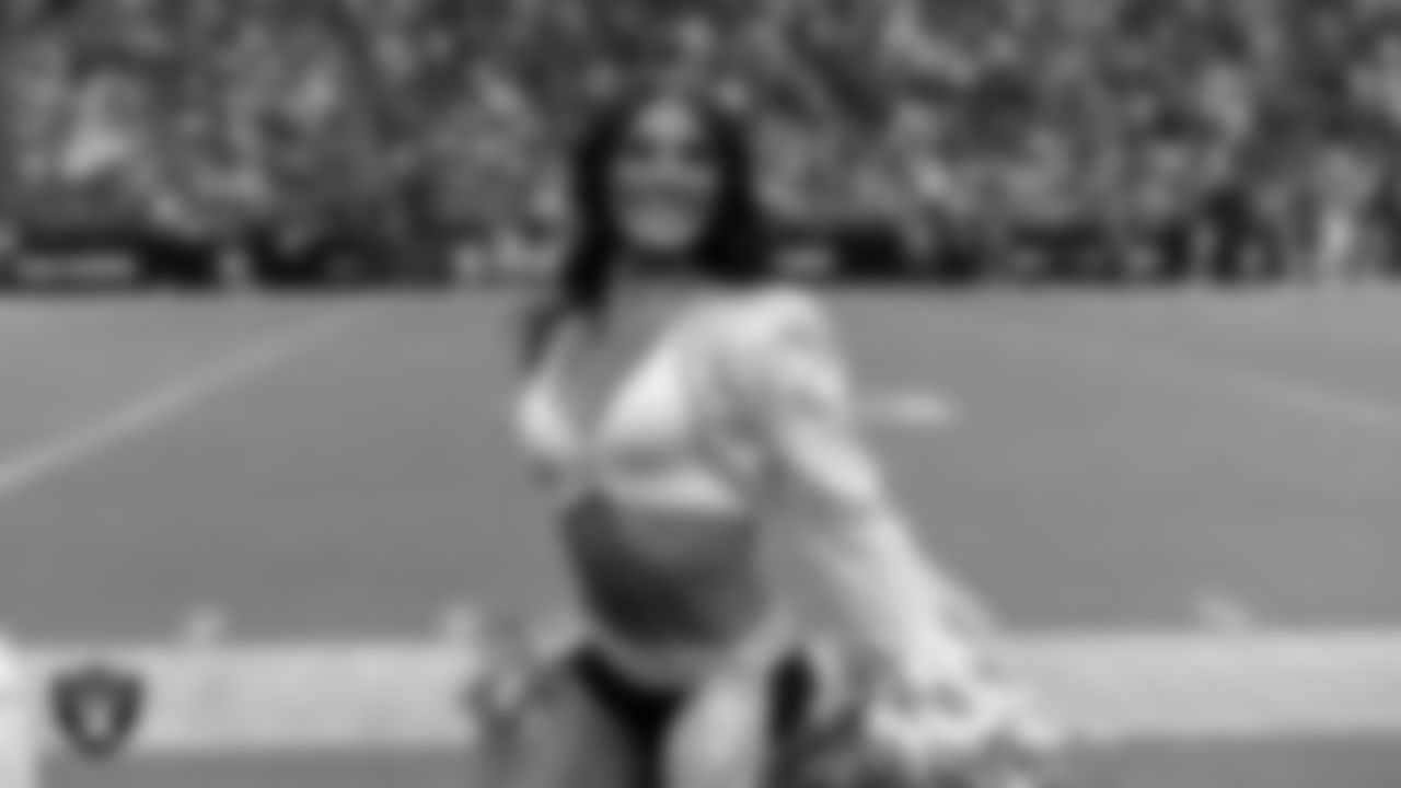 Raiderette Amanda on the sidelines during the preseason home game against the San Francisco 49ers at Allegiant Stadium.