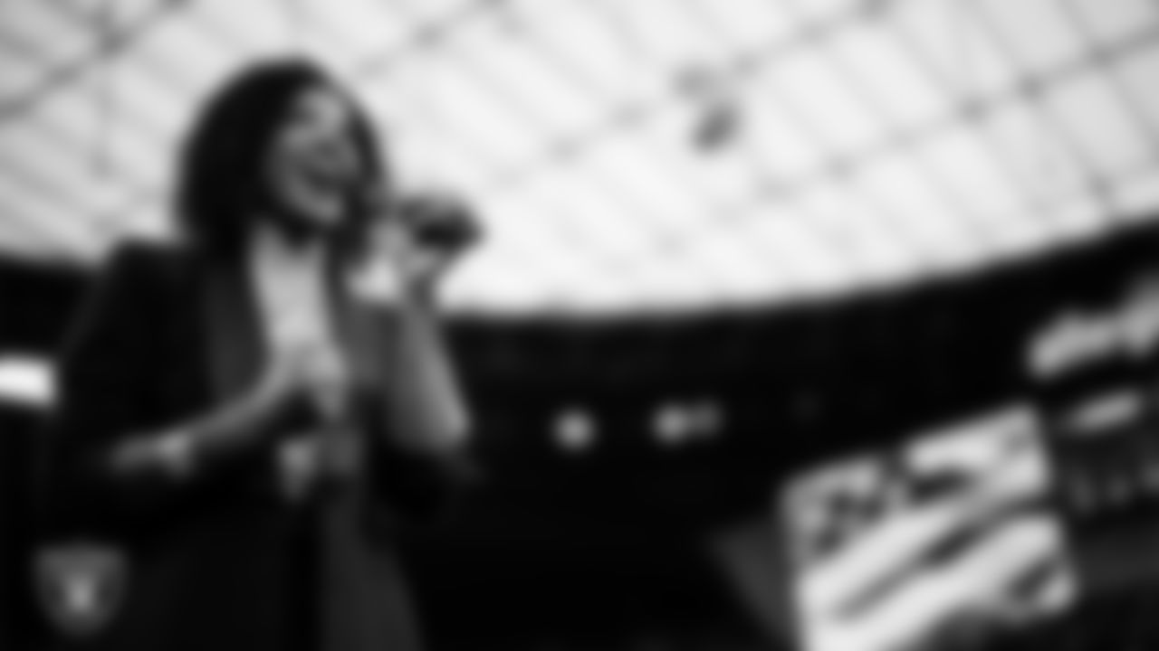Actress and singer Renee Elise Goldsberry performs the national anthem before the Las Vegas Raiders' regular season home game against the Jacksonville Jaguars at Allegiant Stadium.