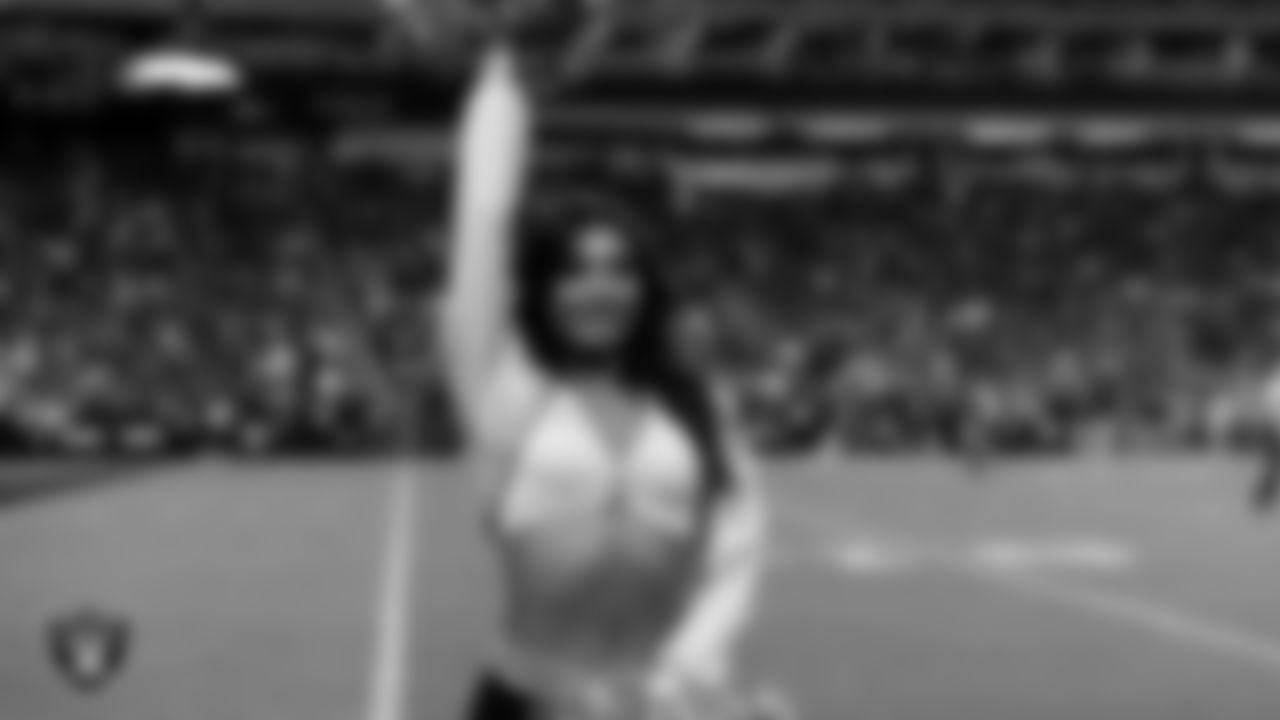 Raiderette Maddie on the sidelines during the regular season home game against the Cleveland Browns at Allegiant Stadium.