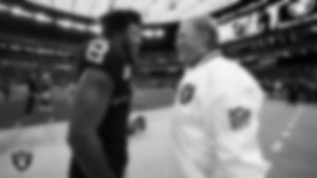 Las Vegas Raiders running back Josh Jacobs (8) and Owner Mark Davis before the regular season home game against the New York Giants at Allegiant Stadium.