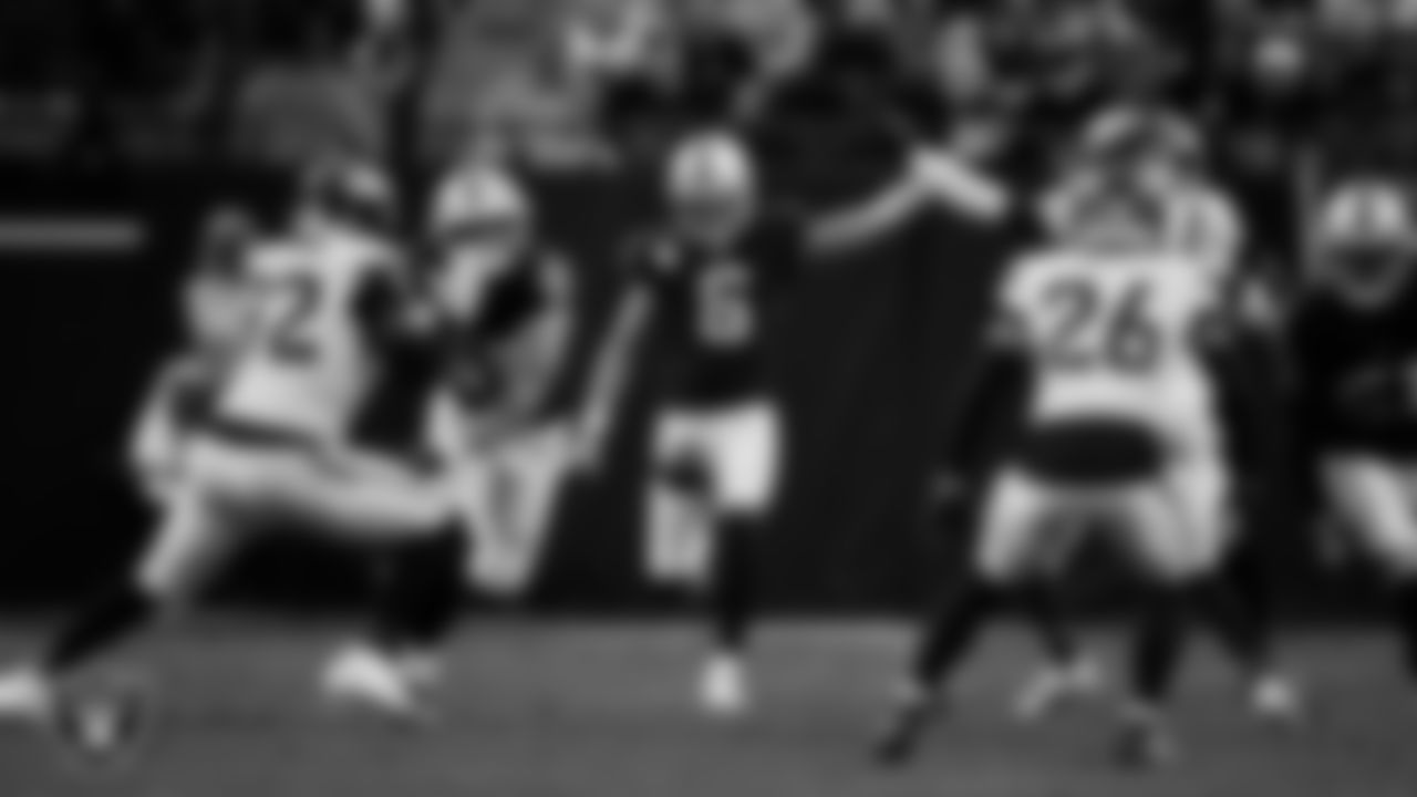 Las Vegas Raiders punter AJ Cole (6) punts during the regular season home game against the Denver Broncos at Allegiant Stadium.