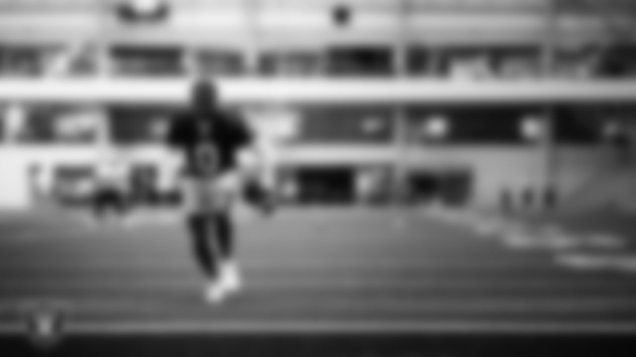 Las Vegas Raiders cornerback Jakorian Bennett (0) at a workout during phase two of the offseason program at Intermountain Health Performance Center.