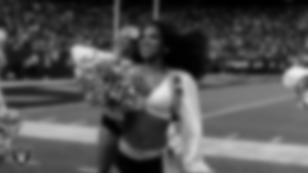 Raiderette Shayla performs on the sidelines during the regular season home game against the Jacksonville Jaguars at Allegiant Stadium.