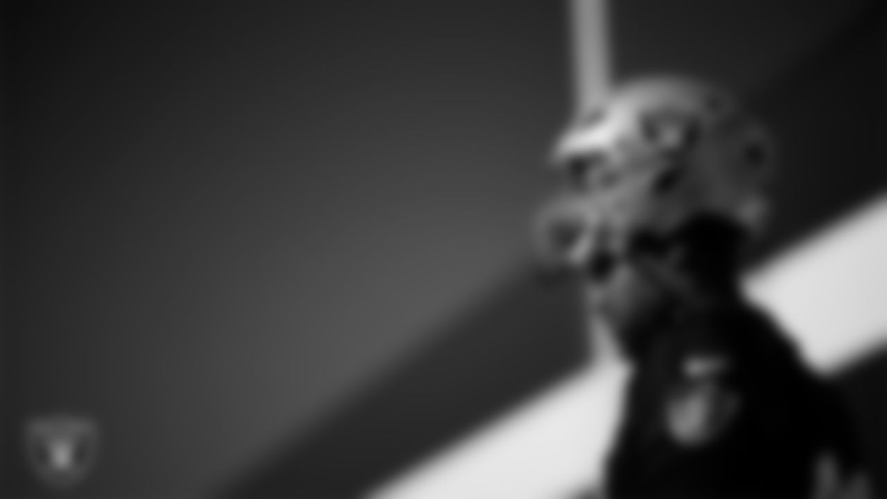 Las Vegas Raiders tackle Charles Grant (60) during practice at Intermountain Health Performance Center.