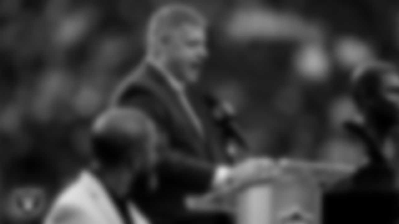 Pro Football Hall of Fame President Jim Porter speaks during Las Vegas Raiders alumnus Eric Allen's Ring of Excellence ceremony during halftime of the Raiders' regular season home game against the Tennessee Titans at Allegiant Stadium.