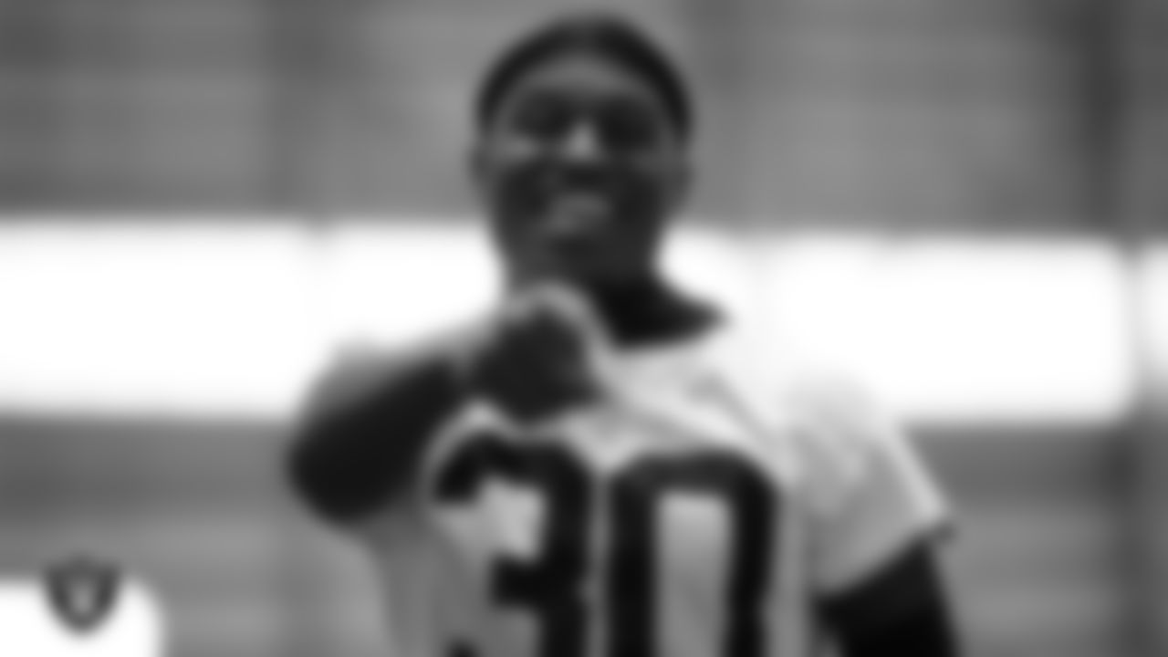 Las Vegas Raiders cornerback Darnay Holmes (30) during practice at Intermountain Health Performance Center.