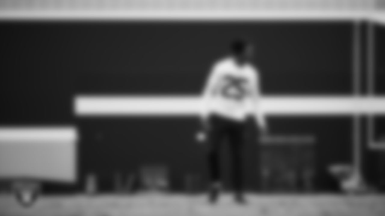 Las Vegas Raiders cornerback Decamerion Richardson (25) during practice at Intermountain Health Performance Center.