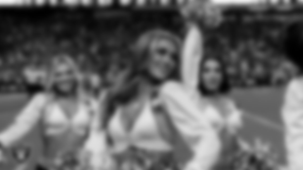 Raiderette Shelby on the sidelines during the regular season home game against the Jacksonville Jaguars at Allegiant Stadium.