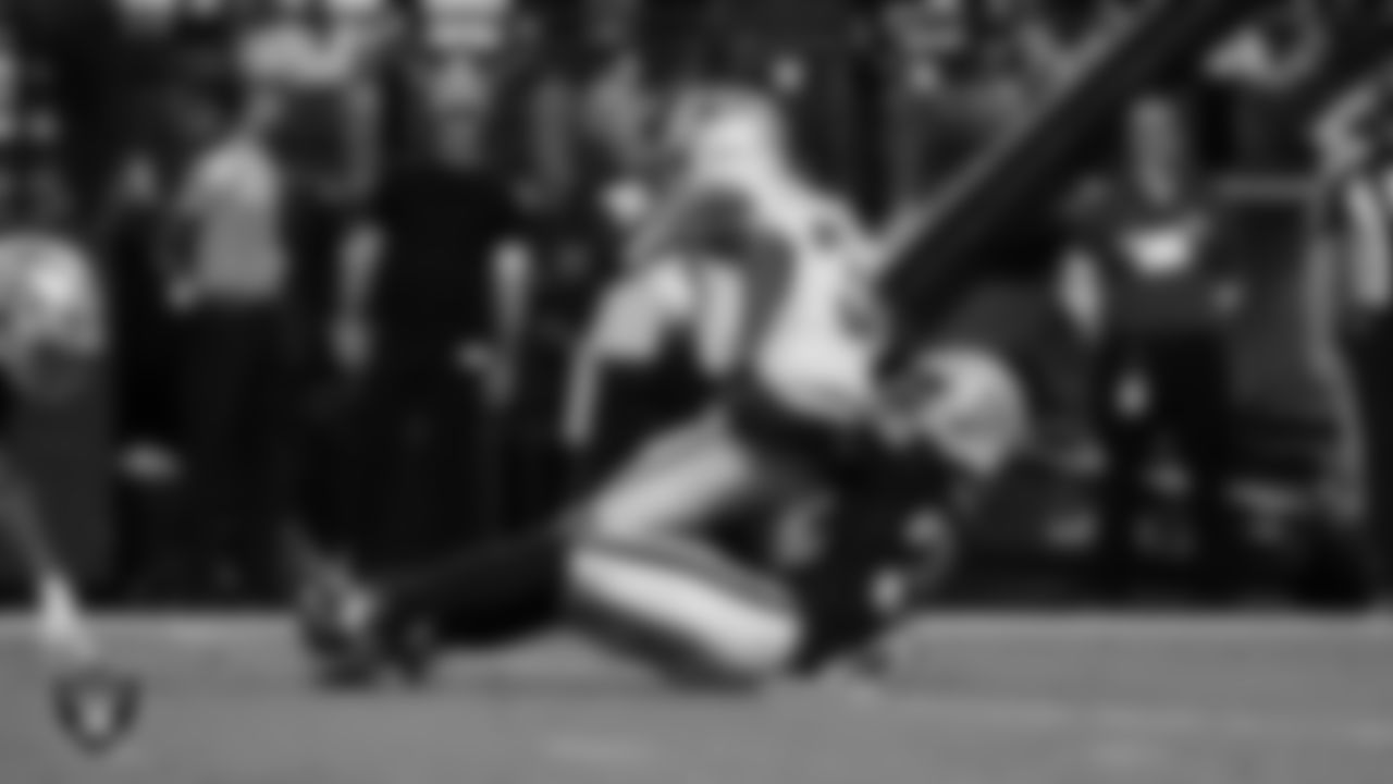 Las Vegas Raiders cornerback Kyu Blu Kelly (36) makes a tackle during the regular season home game against the Dallas Cowboys at Allegiant Stadium.