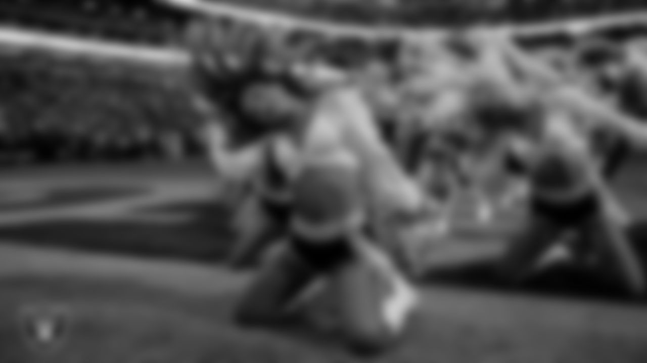 Raiderette Lexie performs on the field during the regular season home game against the Kansas City Chiefs at Allegiant Stadium.