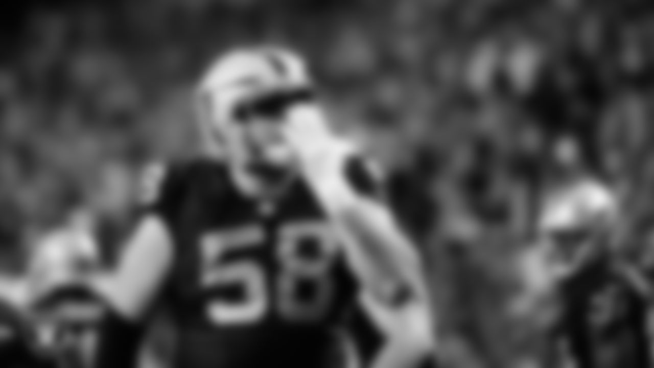 Las Vegas Raiders guard/center Jackson Powers-Johnson (58) celebrates on the field during the regular season home game against the Jacksonville Jaguars at Allegiant Stadium.