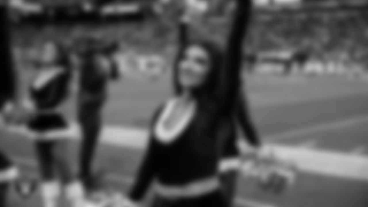 Raiderette Kylee on the sidelines during the regular season home game against the New York Giants at Allegiant Stadium.