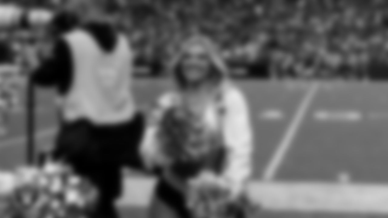 Raiderette Ali on the sidelines during the regular season home game against the Jacksonville Jaguars at Allegiant Stadium.