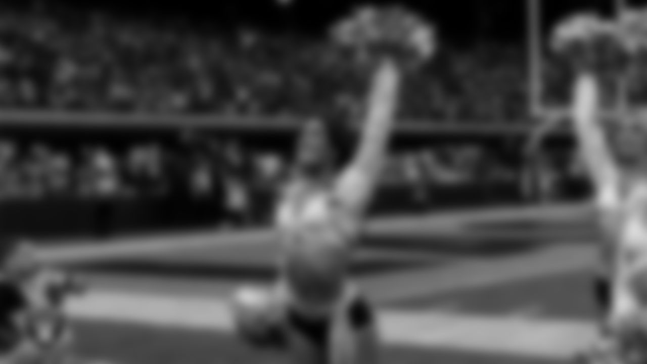 Raiderette Macy on the sidelines during the regular season home game against the Jacksonville Jaguars at Allegiant Stadium.