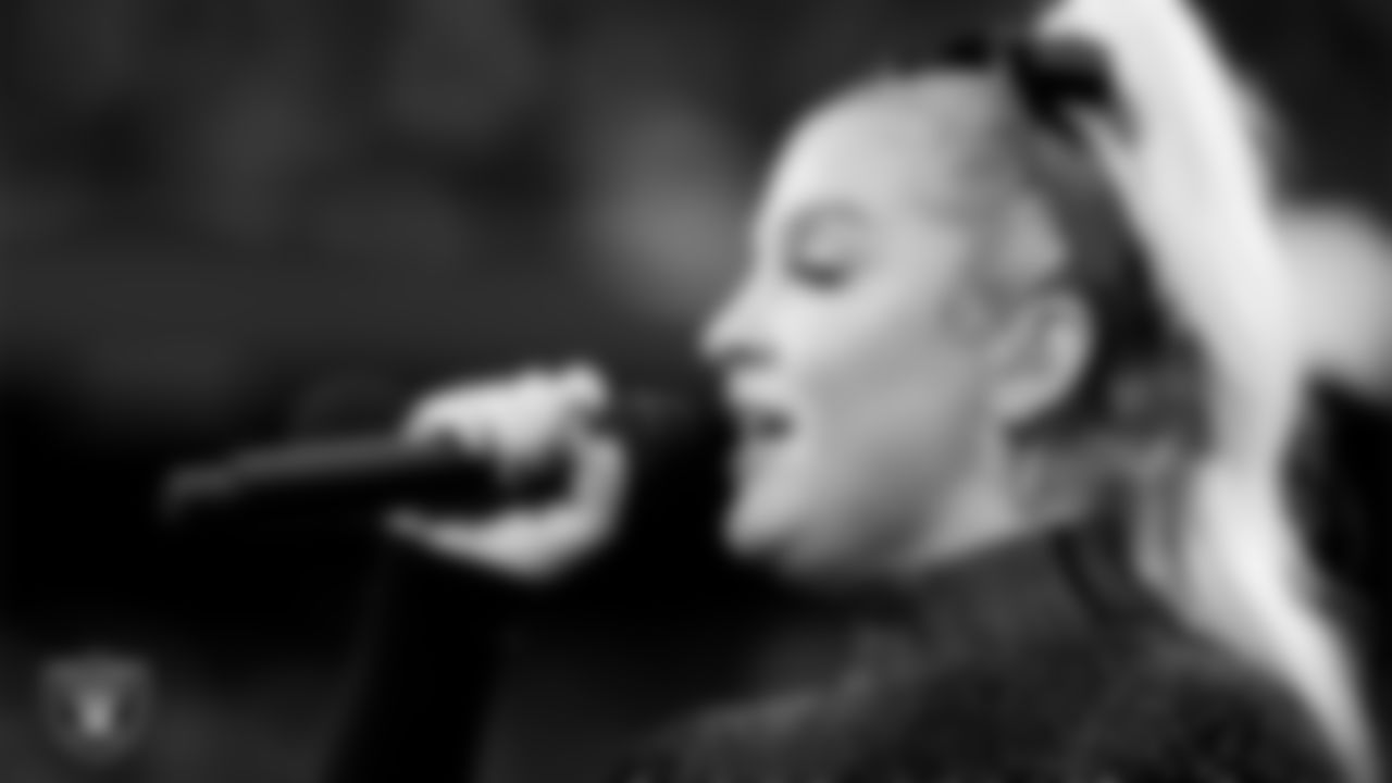 Singer and songwriter Joelle James performs the national anthem before the Las Vegas Raiders' regular season home game against the New York Giants at Allegiant Stadium.