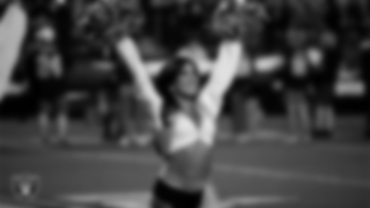 Raiderette Tatiana during player introductions before the regular season home game against the Los Angeles Chargers at Allegiant Stadium.