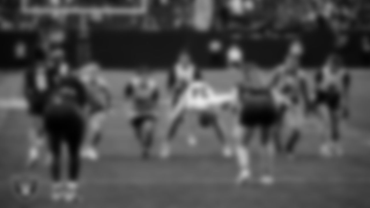 The Nevada State University flag football team participates in a Play 60 Showcase before the Las Vegas Raiders' regular season home game against the Jacksonville Jaguars at Allegiant Stadium.