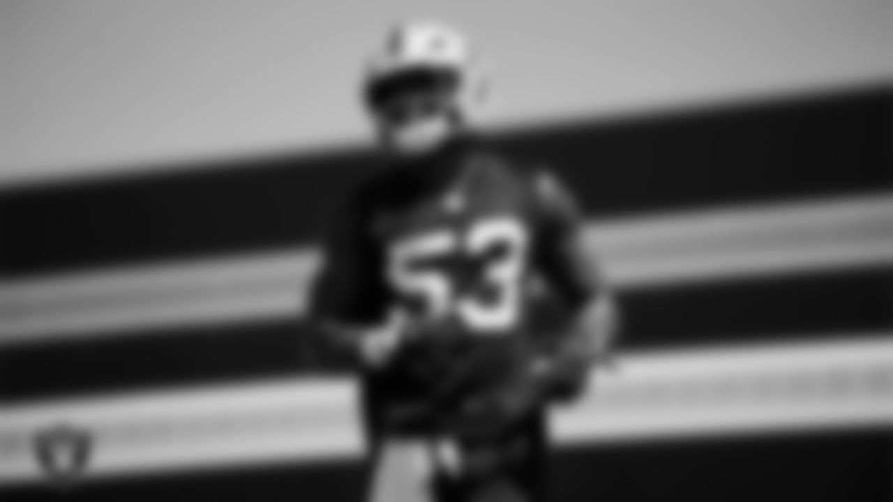 Las Vegas Raiders linebacker Amari Gainer (53) on the field for mandatory minicamp at Intermountain Health Performance Center.