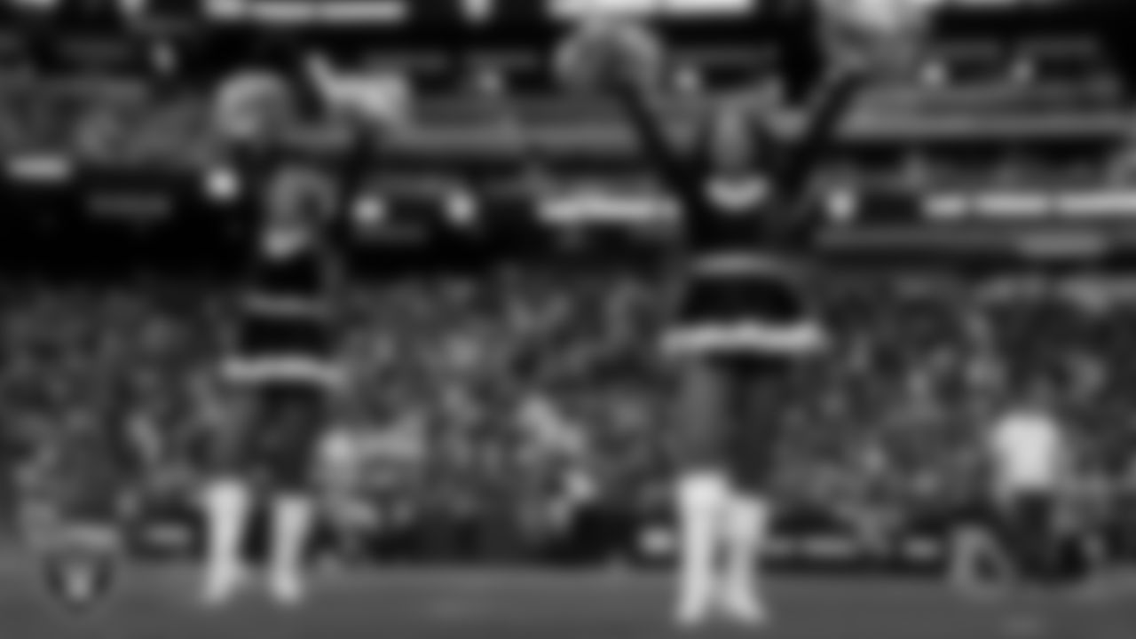 Raiderette Bria during player introductions before the regular season home game against the New York Giants at Allegiant Stadium.