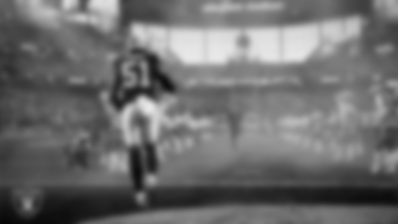 Las Vegas Raiders defensive end Malcolm Koonce (51) is introduced onto the field before the regular season home game against the Denver Broncos at Allegiant Stadium.