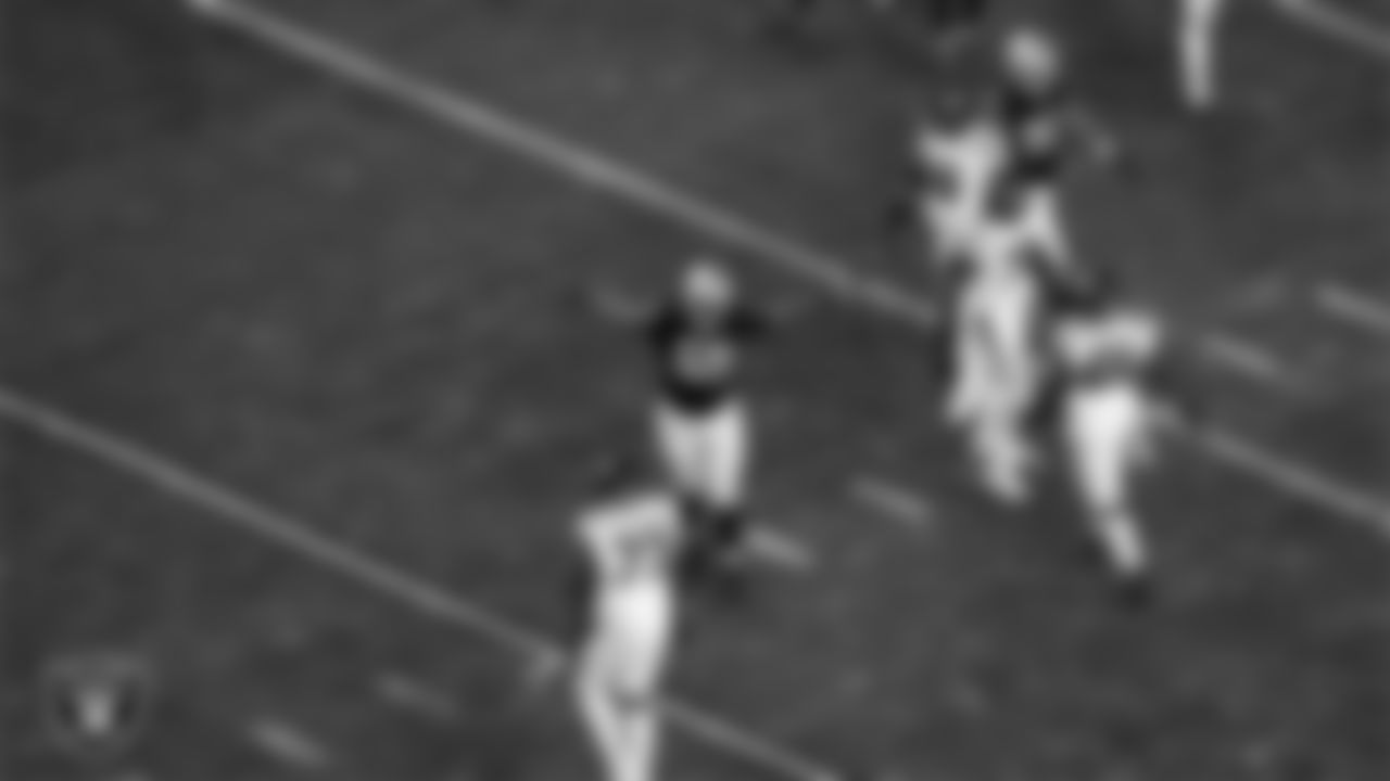 Las Vegas Raiders defensive lineman Adam Butler (69) celebrates on the field during the regular season home game against the New York Jets at Allegiant Stadium.