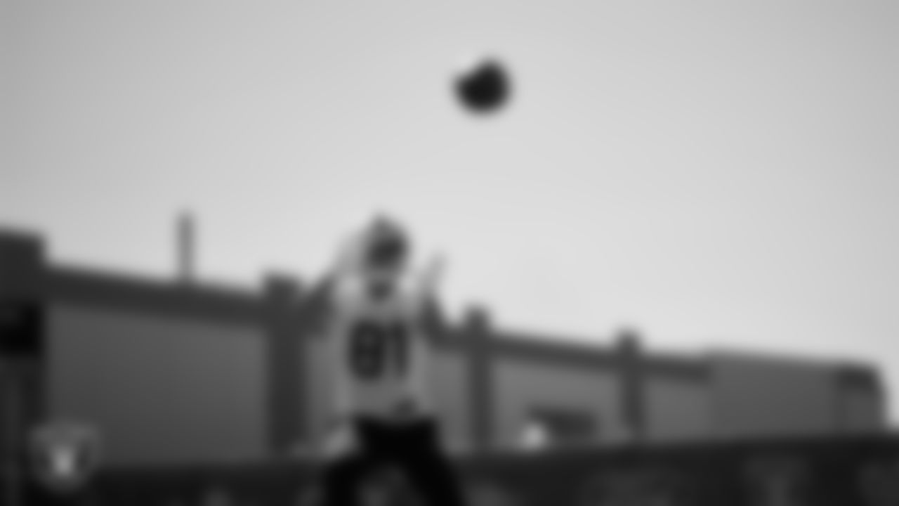 Las Vegas Raiders wide receiver Alex Bachman (81) at Day Two of 2025 Veteran Minicamp at Intermountain Health Performance Center.