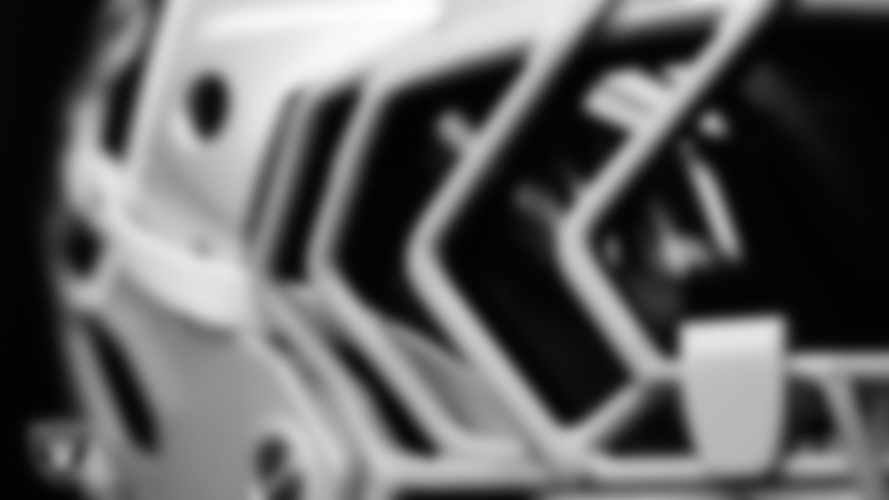 A helmet in the locker room prior to the Las Vegas Raiders' arrival for their regular season home game against the New York Giants at Allegiant Stadium.