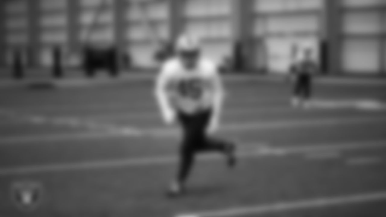 Las Vegas Raiders linebacker Devin White (45) during practice at Intermountain Health Performance Center.