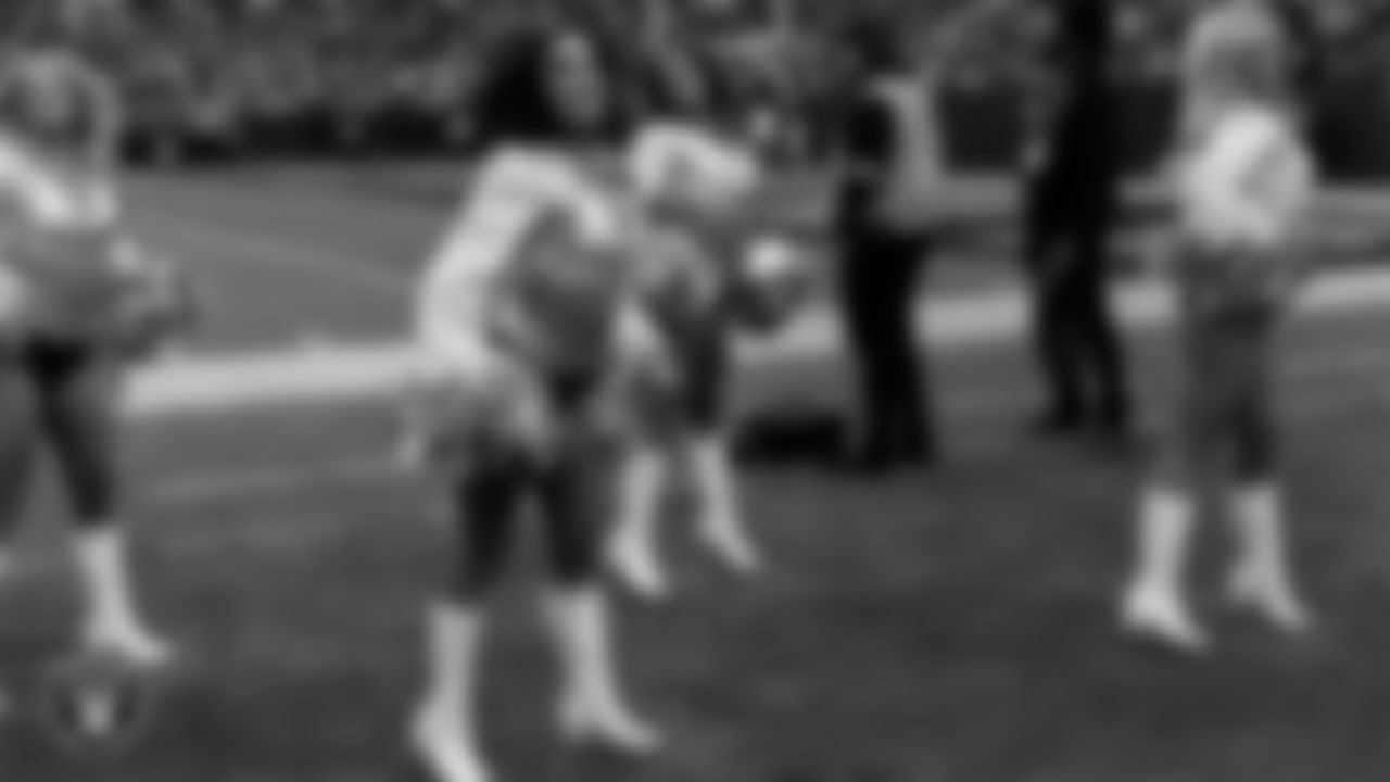 Raiderette Kylie performs on the sidelines during the regular season home game against the Jacksonville Jaguars at Allegiant Stadium.