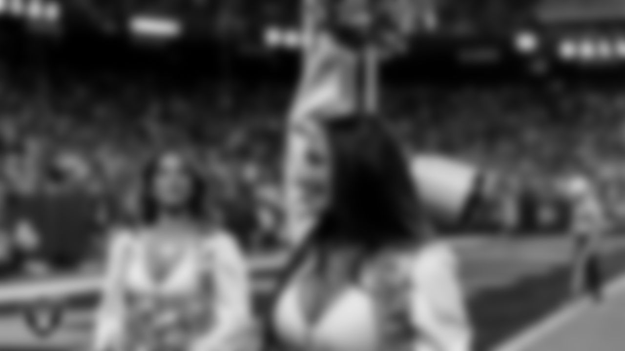 Raiderette Cheyanne on the sidelines during the regular season home game against the Dallas Cowboys at Allegiant Stadium.
