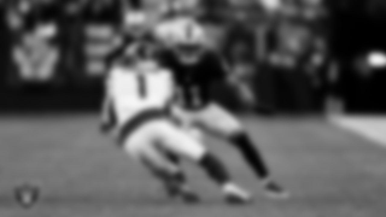 Las Vegas Raiders safety Jeremy Chinn (11) during the regular season home game against the Denver Broncos at Allegiant Stadium.