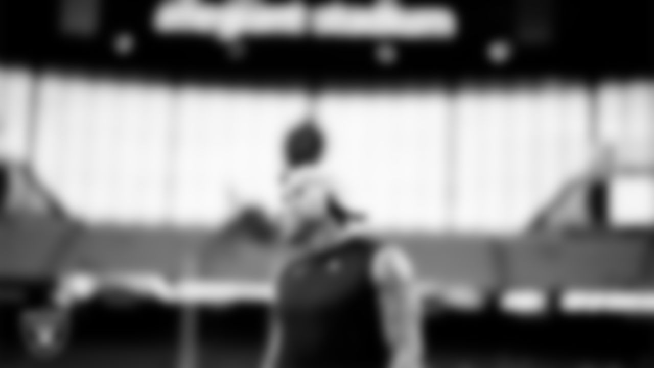 Las Vegas Raiders tight end Carter Runyon (46) warming up before the regular season home game against the Denver Broncos at Allegiant Stadium.