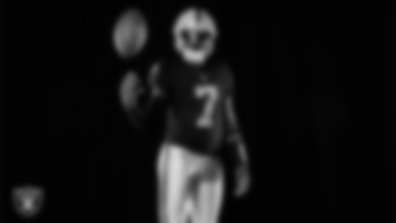 Las Vegas Raiders quarterback Geno Smith (7) poses for a photo at the 2025 Raiders Media Day.