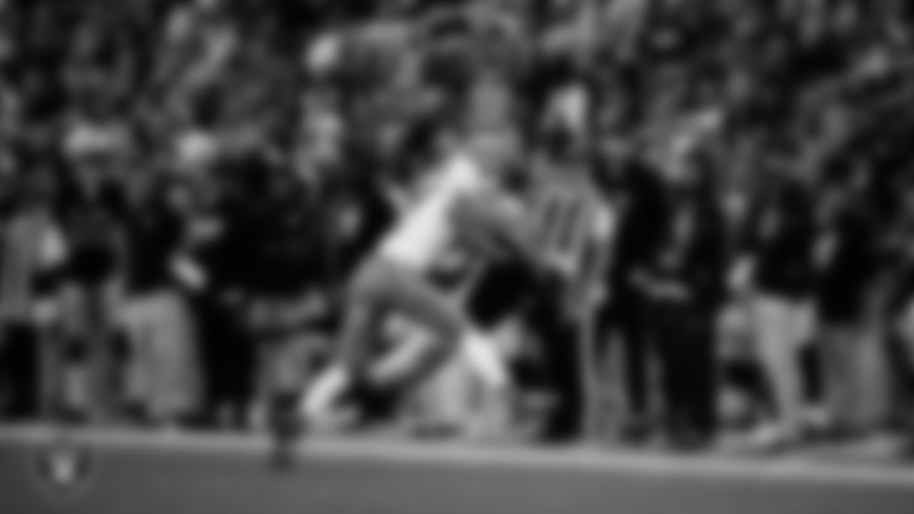 Las Vegas Raiders wide receiver Tre Tucker (1) makes a catch during the regular season home game against the Cleveland Browns at Allegiant Stadium.