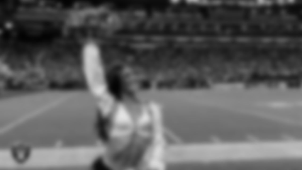 Raiderette Amanda on the sidelines during the regular season home game against the Dallas Cowboys at Allegiant Stadium.