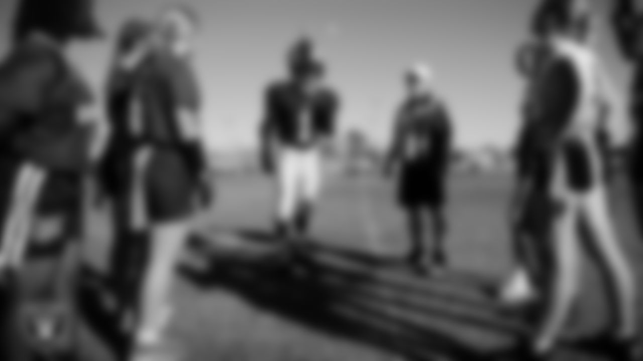 Raider Rusher during the coin toss before the Las Vegas Raiders' Middle School Flag Football Showcase game at Ralph Cadwallader Middle School.
