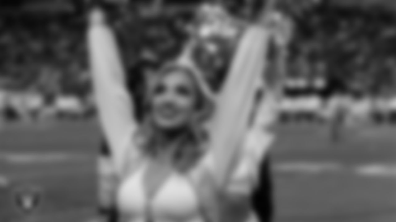 Raiderette Taylor on the sidelines during the regular season home game against the Kansas City Chiefs at Allegiant Stadium.