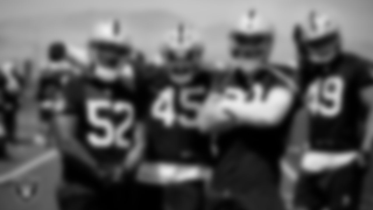 Las Vegas Raiders linebacker Elandon Roberts (52), linebacker Devin White (45), defensive end Maxx Crosby (98) and defensive end Charles Snowden (49) at an Organized Team Activity (OTA) at Intermountain Health Performance Center.