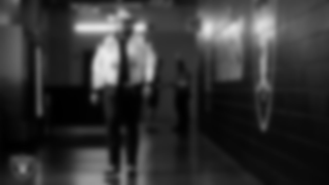 Las Vegas Raiders guard/center Jackson Powers-Johnson (58) arrives to the regular season home game against the Tennessee Titans at Allegiant Stadium.