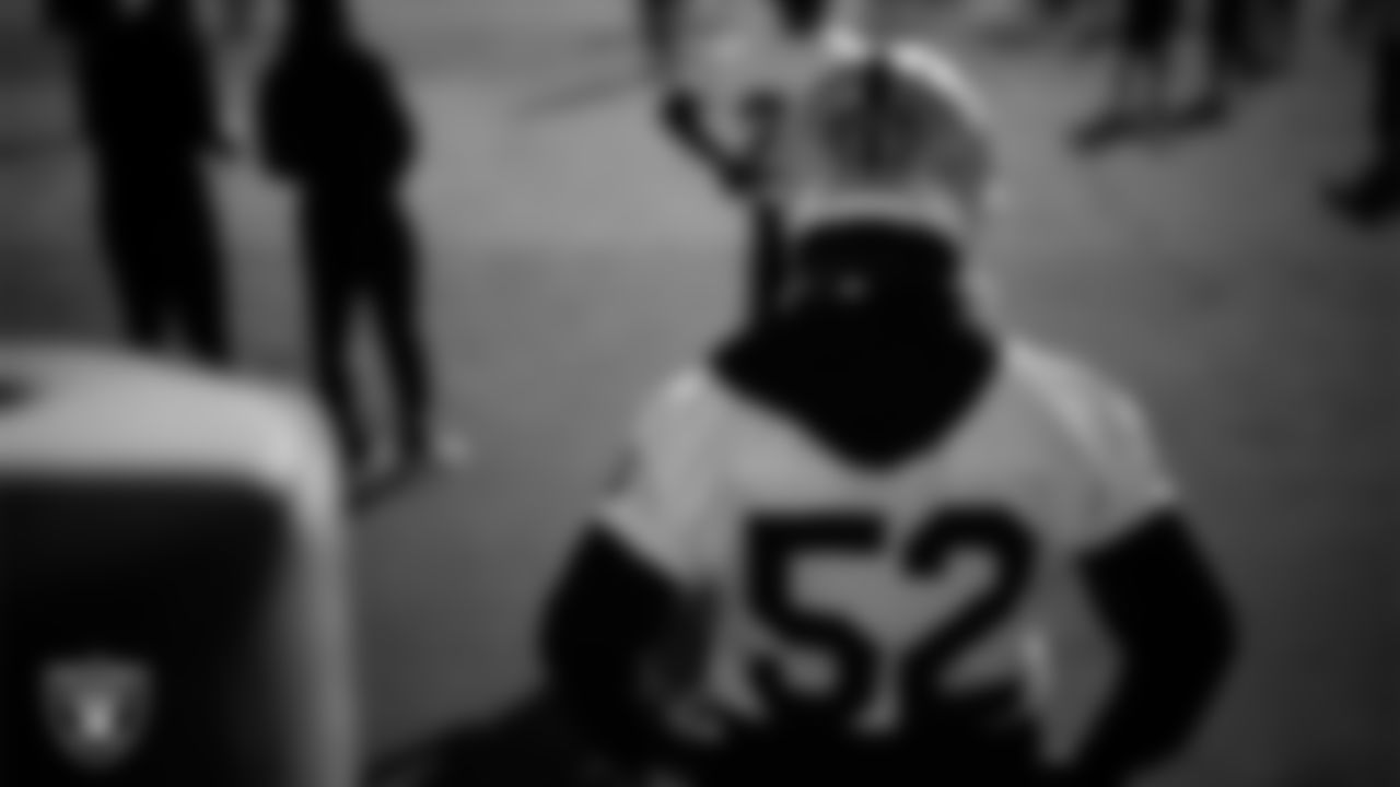 Las Vegas Raiders linebacker Elandon Roberts (52) during practice at Intermountain Health Performance Center.