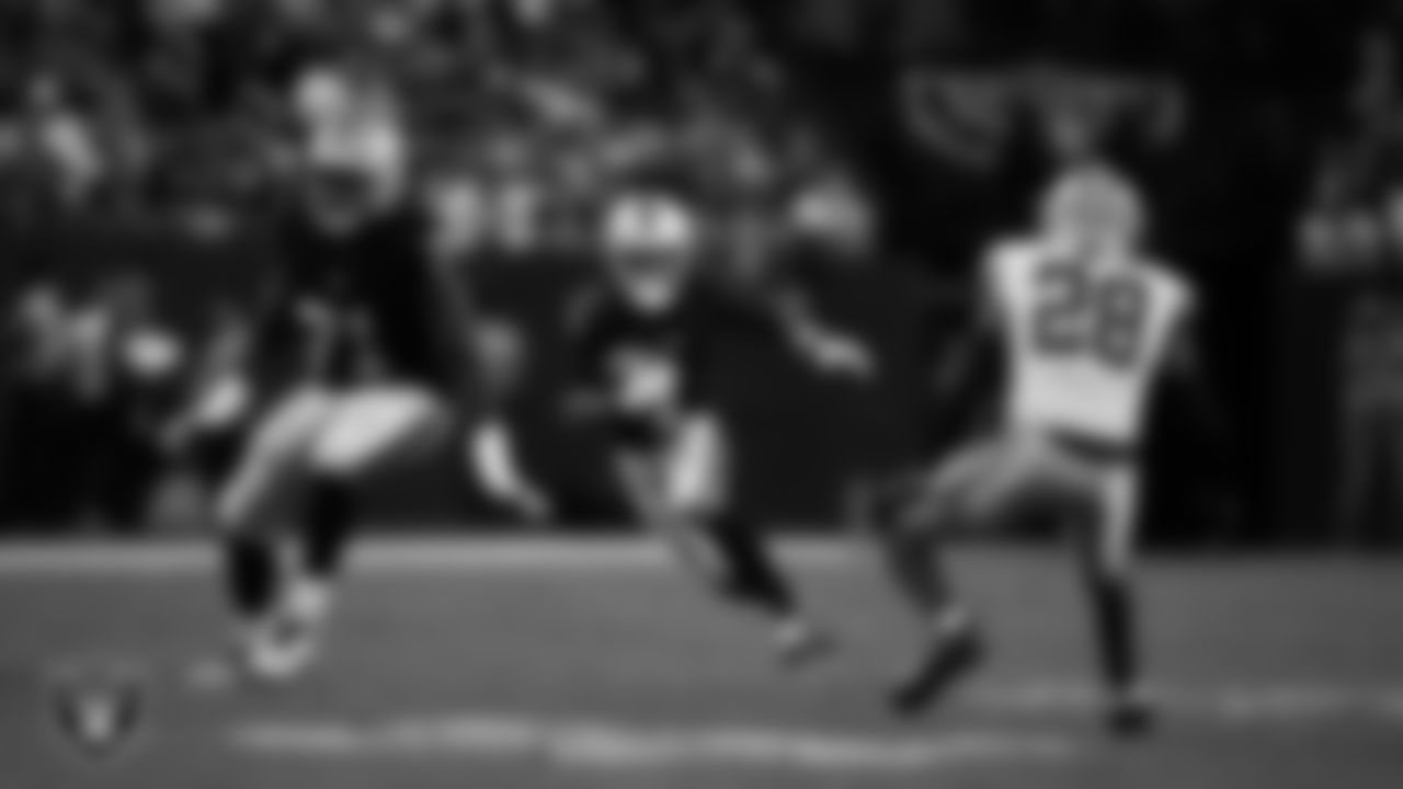 Las Vegas Raiders wide receiver Tre Tucker (1) runs after making a catch during the regular season home game against the Dallas Cowboys at Allegiant Stadium.