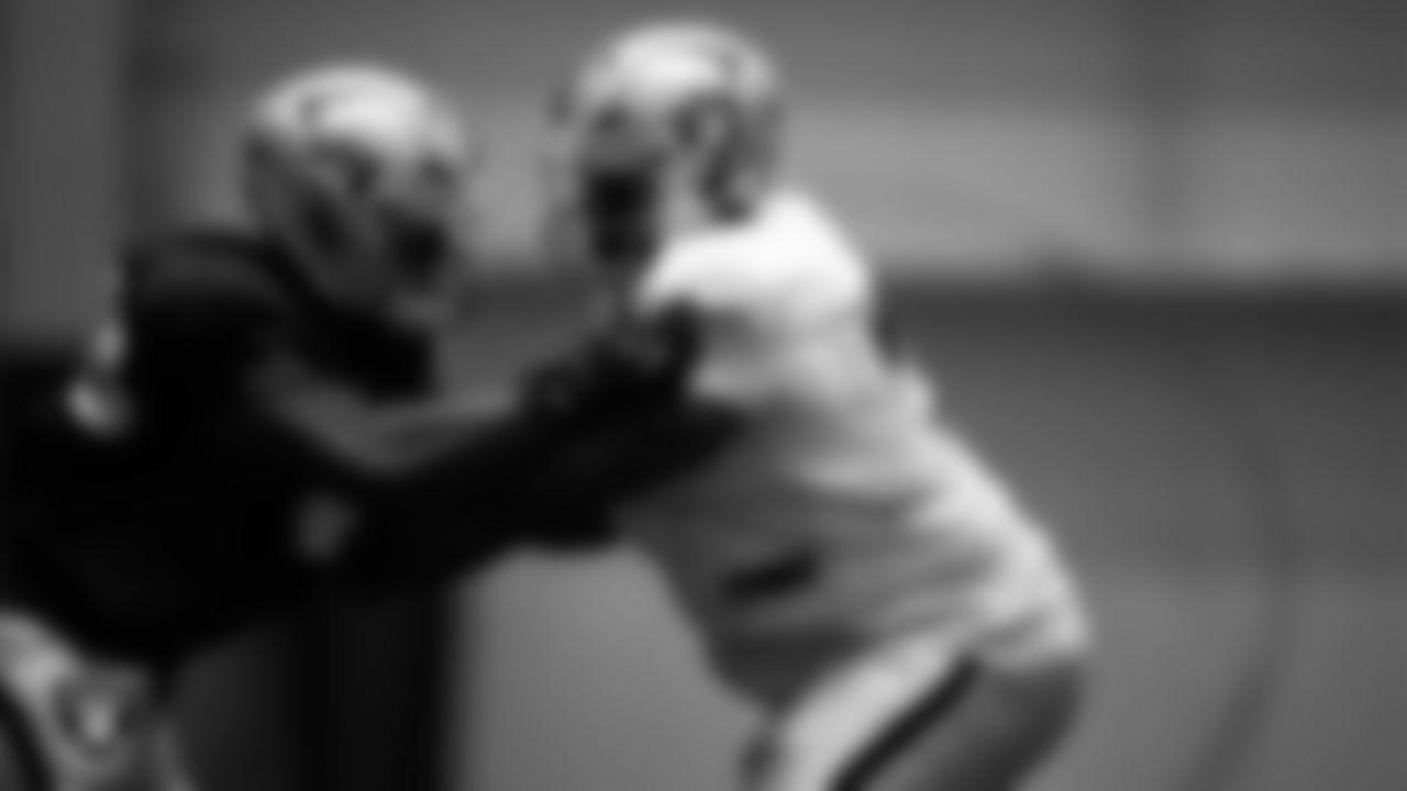 Las Vegas Raiders defensive end Ovie Oghoufo (90) and tackle Gottlieb Ayedze (72) on the field for practice at 2025 Training Camp at Intermountain Health Performance Center.